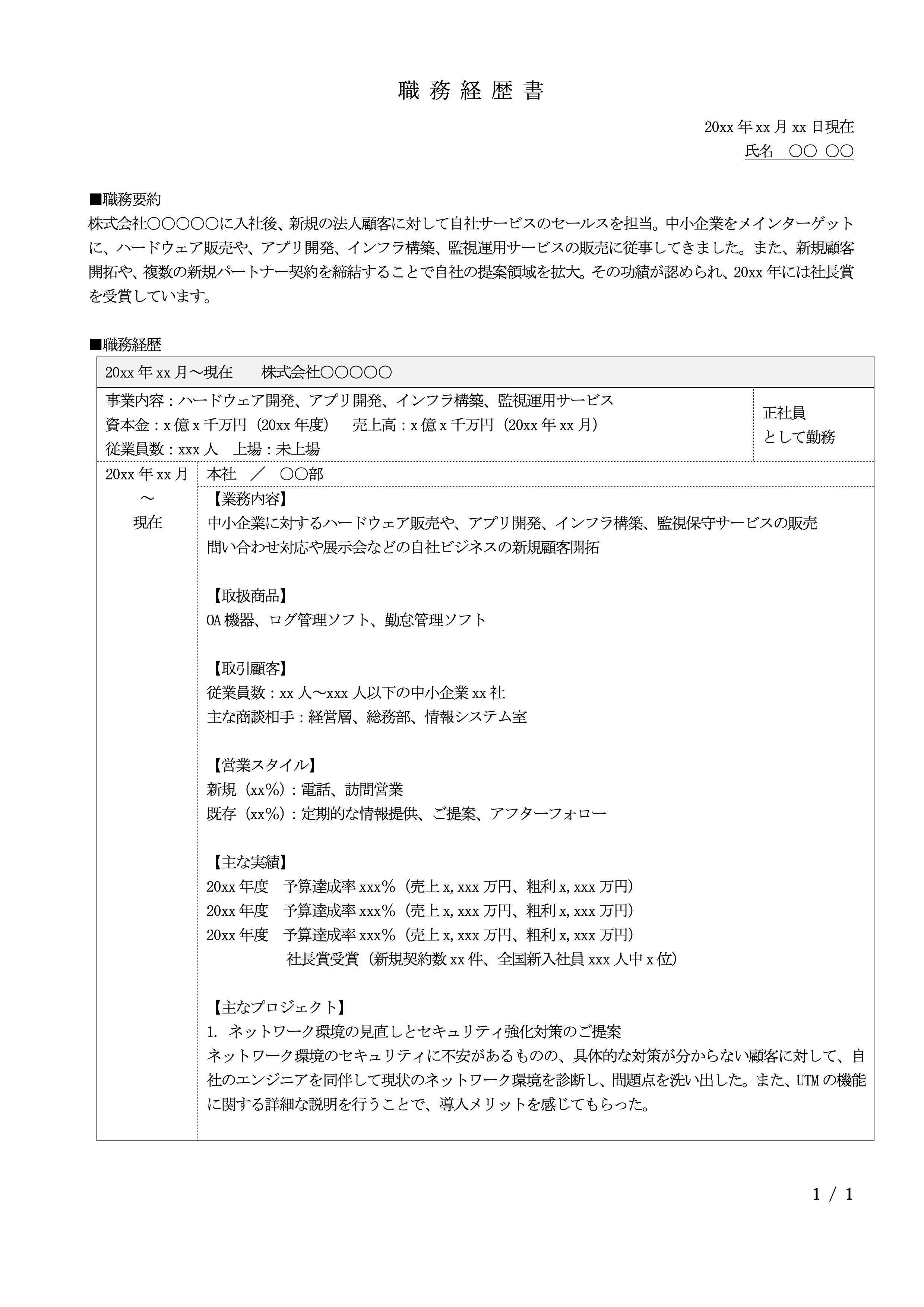法人営業向け職務経歴書の完成サンプル